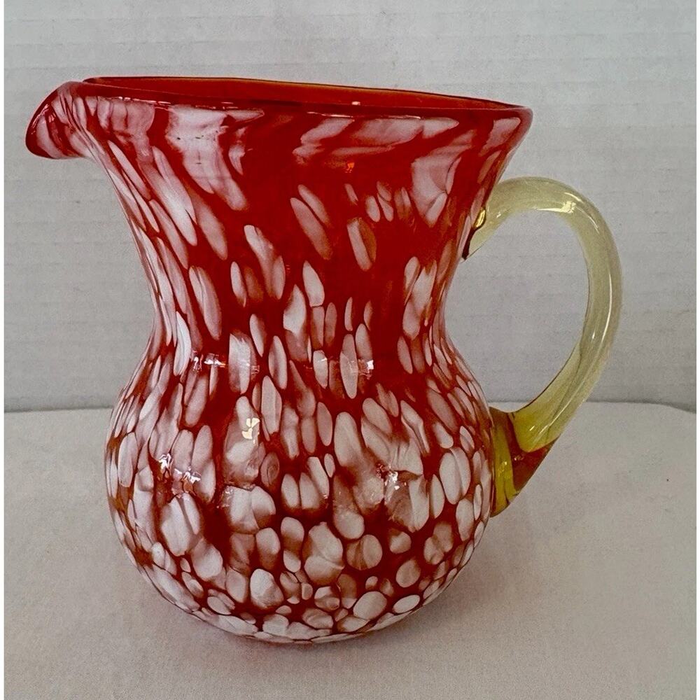 Vintage Hand Blown Rainbow Art Glass Pitcher Small Orange White & Yelllow